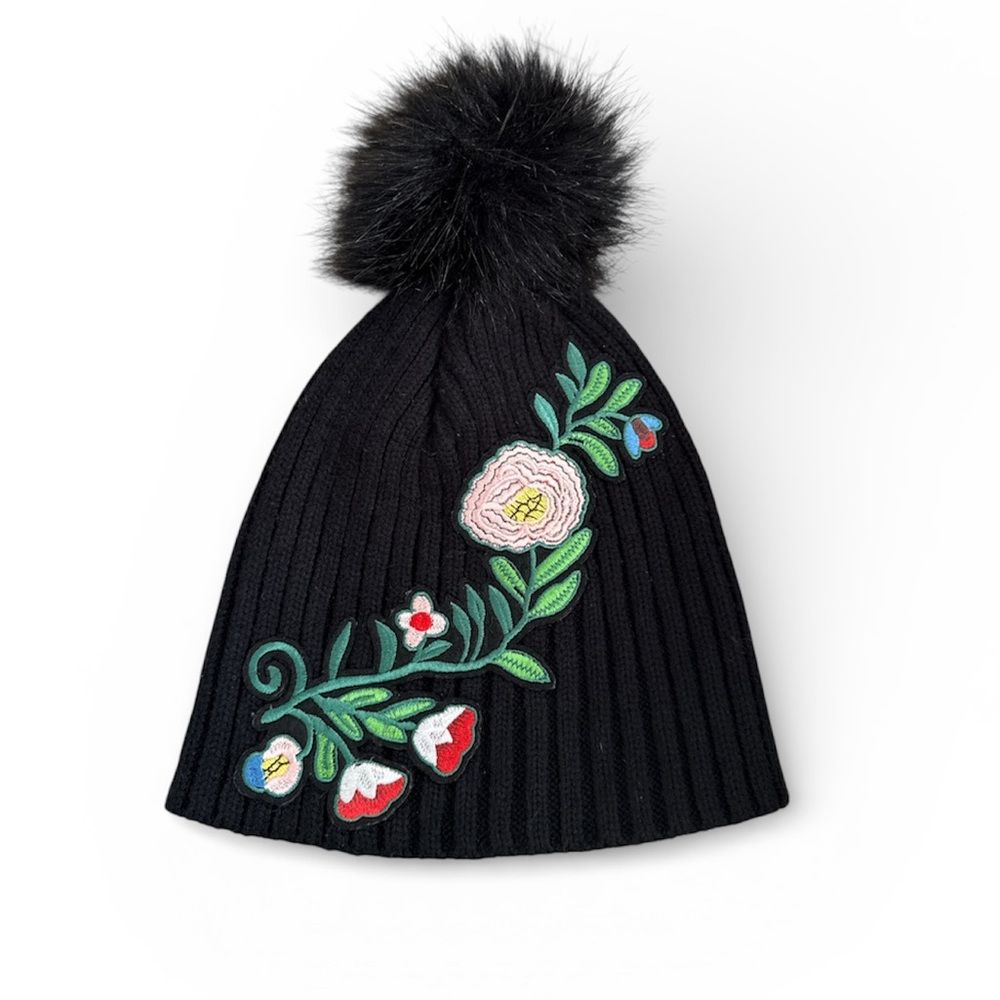 Renee's NYC Accessories Black/Floral
Embroidered Faux Fur Pom Pom Beanie
